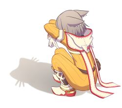 1girl animal_ears boots cat_ears cat_shadow_puppet enni gloves grey_hair highres hood jumpsuit nia_(xenoblade) shadow shadow_puppet short_hair solo squatting white_gloves xenoblade_chronicles_(series) xenoblade_chronicles_2 yellow_eyes yellow_jumpsuit