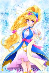 Rule 34 | 1girl, aizen (syoshiyuki), asahina mirai, blonde hair, blue gemstone, braid, bridal gauntlets, character name, cowboy shot, cure miracle, cure miracle (sapphire style), cure miracle sapphire style, earrings, female focus, gem, hair ornament, hat, heart, heart hair ornament, highres, jewelry, long hair, looking at viewer, mahou girls precure!, mini hat, mini witch hat, pink hat, precure, purple eyes, skirt, smile, solo, wide ponytail, witch hat