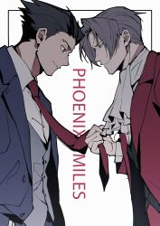2boys ace_attorney ascot black_hair blue_jacket c138300 closed_mouth clothes_grab commentary cowboy_shot curtained_hair english_text eye_contact from_side frown furrowed_brow grey_hair hand_in_pocket highres jacket lapels looking_at_another male_focus miles_edgeworth multiple_boys necktie necktie_grab neckwear_grab open_clothes open_jacket phoenix_wright profile red_jacket red_necktie shirt short_sideburns smile suit_jacket vest white_ascot white_shirt wing_collar