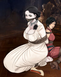Rule 34 | 2girls, absurdres, ada wong, alcina dimitrescu, arms behind back, bdsm, black flower, black hair, bondage, bound, bound ankles, bound arms, breasts, brown eyes, capcom, cleavage, cloth gag, earrings, flower, gag, gagged, highres, improvised gag, jewelry, large breasts, looking at viewer, lost one zero, makeup, multiple girls, necklace, cloth gag, resident evil, resident evil 2, resident evil village, shoes, unworn shoes, yellow eyes
