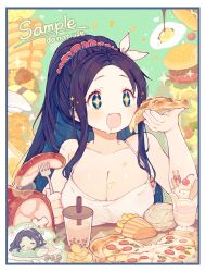 +_+ 1girl amakawa_tamawo aqua_background barbell bare_arms bare_shoulders blue_border blue_eyes blue_hair blush bone book border breast_rest breasts burger camisole cherry chibi chips_(food) cleavage closed_eyes collarbone colored_inner_hair commission cup dark_blue_hair disposable_cup drink drinking_glass drinking_straw drooling egg_(food) english_text failure fang fish_(food) food food_on_body food_on_breasts fork french_fries fried_egg frilled_pillow frills fruit hair_ornament hair_over_shoulder hair_scrunchie highres holding holding_food holding_fork ice_cream large_breasts long_hair looking_at_food maple_syrup meat multicolored_hair multicolored_scrunchie open_book open_mouth original pancake pancake_stack pillow pizza pizza_slice plump potato_chips red_scrunchie sashimi scrunchie skeb_commission skin_fang sleeping sliced_meat solo sound_effects soy_sauce spaghetti_strap star_(symbol) striped sun symbol-shaped_pupils tomato tomato_slice white_border white_camisole zzz