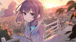 Rule 34 | 1girl, blue fire, blurry, cityscape, closed mouth, cloud, cloudy sky, colored inner hair, commentary request, depth of field, earrings, fire, floating clothes, floating hair, grey eyes, hair intakes, hand up, highres, indie utaite, japanese clothes, jewelry, kimono, konkon tamashii, leaf, lens flare, long sleeves, looking at viewer, multicolored hair, multiple earrings, outdoors, pink hair, purple hair, sg (under siiiiii), sky, solo, standing, sun, twitter username, upper body, white kimono