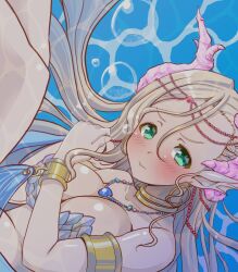 1girl air_bubble bare_shoulders bracelet breasts brown_hair bubble cleavage collar green_eyes hair_ornament highres horns hozumi_kei iris_mysteria! jewelry large_breasts long_hair necklace piercing underwater will_(iris_mysteria!)