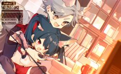 Rule 34 | 1boy, 1girl, animal ear fluff, animal ears, black hair, black thighhighs, chromatic aberration, commentary, controller, fang, film grain, game controller, grey hair, highres, holding, holding controller, holding game controller, indoors, long hair, navel, open mouth, original, ozureiji, playing games, red eyes, red shorts, shorts, skin fang, slit pupils, smile, symbol-only commentary, thick eyebrows, thighhighs, tsurime, twintails, v-shaped eyebrows, watermark