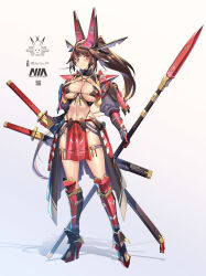 1girl armor armored_boots bikini bikini_armor black_bikini black_cape blush boots breasts brown_eyes brown_hair cape cleavage closed_mouth collarbone commentary full_body gauntlets grey_jacket groin headgear high_heel_boots high_heels highres holding holding_polearm holding_shoes holding_weapon jacket japanese_armor knee_boots kote large_breasts logo long_hair looking_at_viewer mecha_musume navel o-ring o-ring_bikini original pelvic_curtain polearm ponytail qr_code scar scar_across_eye scar_on_face shadow sheath sheathed shoes shoulder_armor sidelocks simple_background skindentation smile solo standing stomach swimsuit sword takamine_nadare thigh_strap underboob waist_cape weapon white_background