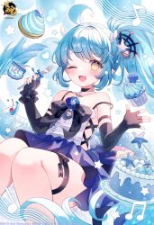 1girl 2019 ;d absurdres ahoge bare_shoulders blue_hair blush cake company_name copyright_logo copyright_name copyright_notice dress elbow_gloves feet_out_of_frame floating food fork gloves highres holding holding_fork lin_lang long_hair looking_at_viewer mahjong_soul one_eye_closed open_mouth purple_dress smile solo thigh_strap thighs wasabi_(sekai) yellow_eyes yostar