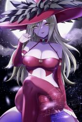 Rule 34 | 1girl, aqua gemstone, black feathers, black sky, blonde hair, breasts, bridal gauntlets, cleavage, cloud, colored skin, commentary request, cropped shirt, crossed legs, dragon quest, dragon quest x, earrings, feathers, full moon, gem, gratzel (dq10), hair between eyes, hat, hat feather, head tilt, highres, jewelry, large breasts, long hair, long hair between eyes, looking at viewer, midriff, moon, night, night sky, nikon (user aznh7528), orb, pants, pink bridal gauntlets, pink hat, pink pants, pink shirt, purple skin, red lips, shirt, sitting, sky, sleeveless, sleeveless shirt, star (sky), witch, witch hat, yellow eyes
