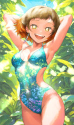 Rule 34 | 1girl, arms up, blue one-piece swimsuit, blue sky, breasts, brown hair, day, earrings, fangs, gradient hair, jewelry, kimetsu no yaiba, looking at viewer, multicolored hair, one-piece swimsuit, open mouth, orange hair, outdoors, sky, small breasts, solo, susamaru (kimetsu no yaiba), swimsuit, teeth, upper teeth only, yuki (nyge2252)