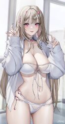 1girl absurdres artist_name bikini black_choker breasts brown_hair choker cleavage commentary cowboy_shot fingernails front-tie_bikini_top front-tie_top gnxxe1 goddess_of_victory:_nikke grey_nails grin highres horns large_breasts long_fingernails long_hair mask mask_pull mouth_mask nail_ornament navel official_alternate_costume parted_lips pink_eyes pink_horns shirt smile solo stomach swimsuit thighs very_long_hair viper_(nikke) viper_(shine_of_love)_(nikke) white_bikini white_shirt