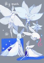 Rule 34 | big moth (rain world), black fur, blue background, bug, butterfly, creature, english text, giant insect, grey background, highres, insect, insect wings, long tongue, monster, moth, moth antennae, moth wings, multiple views, no humans, rain world, sanngo 35, sitting, sleeping, slugcat, snow, sparkle, species name, tongue, tongue out, v, watcher (rain world), white eyes, white fur, wings, zzz