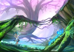 1girl andrewaprilio aqua_hair artist_name bare_shoulders blue_flower bracelet clothing_cutout commentary dress english_commentary faruzan_(genshin_impact) flower from_behind genshin_impact grass hair_ornament hand_on_own_hip hand_up highres jewelry long_hair nature outdoors scenery shoulder_cutout solo tree twintails water white_dress