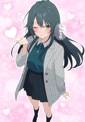 Rule 34 | 1girl, ;o, absurdres, black skirt, blowing kiss, blush, coat, commentary request, daito (daitooekakiaka), gakuen idolmaster, green eyes, green hair, green shirt, grey coat, hair flaps, heart, highres, idolmaster, long hair, looking at viewer, one eye closed, outline, pink background, pleated skirt, shirt, shirt tucked in, skirt, solo, speech bubble, translation request, tsukimura temari, very long hair, white outline