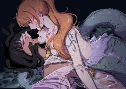 2girls fins fish_tail hand_over_eye jewelry long_hair mermaid monster_girl multiple_girls nami_(one_piece) necklace nico_robin one_piece orange_hair rachel_t_212 shoulder_tattoo snake snake_hair tail tattoo yuri
