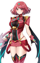 Rule 34 | 1girl, aegis sword (xenoblade), backless outfit, black gloves, bob cut, breasts, chest jewel, commentary request, earrings, fingerless gloves, floating earrings, g-string, gloves, highres, impossible clothes, jewelry, large breasts, micro shorts, pyra (xenoblade), red eyes, red hair, red shorts, shinae, short hair, short shorts, short sleeves, shorts, skindentation, solo, swept bangs, sword, thighhighs, thong, tiara, weapon, xenoblade chronicles (series), xenoblade chronicles 2