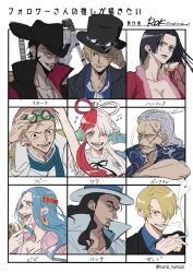 Rule 34 | 3girls, 6+boys, absurdres, beard, benn beckman, black coat, black hair, black hat, blonde hair, blue hair, blue shirt, boa hancock, brown gloves, cigarette, coat, commentary request, crying, curly eyebrows, dracule mihawk, earrings, eyewear on head, facial hair, gloves, goatee, goggles, goggles on headwear, green headband, grey hair, hat, hat feather, headband, headphones, high collar, highres, holding, holding cigarette, jewelry, koby (one piece), long hair, looking at viewer, multicolored hair, multiple boys, multiple girls, musical note, mustache, nefertari vivi, one eye closed, one piece, open mouth, pink hair, red hair, rob lucci, rokurnshu003, sabo (one piece), sanji (one piece), scar, scar on face, shirt, short hair, smile, smoke, smoke heart, snake earrings, striped clothes, striped shirt, sword, sword on back, top hat, twitter username, two-tone hair, upper body, uta (one piece), vertical-striped clothes, vertical-striped shirt, weapon, weapon on back, white hair, white hat, yellow eyes