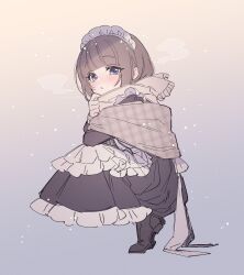 1girl absurdres apron black_dress black_shoes blush brown_hair commentary_request dress frilled_dress frills full_body gingham goshi-san gradient_background highres looking_at_viewer maid maid_headdress original purple_eyes scarf shoes solo squatting white_apron