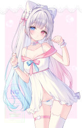 1girl animal_ear_legwear animal_ears bare_shoulders blue_bow blue_eyes blue_nails blunt_bangs blush border bow bow_panties breasts cat_ear_legwear cat_ears choker cleavage closed_mouth commentary_request commission cowboy_shot dress frilled_choker frills hands_up heterochromia highres indie_virtual_youtuber long_hair looking_at_viewer nail_polish navel off-shoulder_dress off_shoulder outside_border panties paw_pose pink_background pink_choker red_eyes single_thighhigh skeb_commission solo suineco thighhighs underwear virtual_youtuber watermark white_border white_dress white_hair white_panties white_thighhighs wrist_cuffs yumesaki_yun