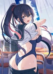 1girl ass back back_cutout bag black_hair black_sailor_collar black_skirt blue_eyes blue_one-piece_swimsuit breasts classroom clothing_cutout commentary_request competition_swimsuit cowboy_shot curtains from_behind highres indoors kanikou long_hair looking_at_viewer looking_back median_furrow medium_breasts one-piece_swimsuit open_clothes open_mouth open_skirt original pleated_skirt ponytail sailor_collar school_bag shirt short_sleeves skirt smile solo sweat swimsuit undressing v-shaped_eyebrows white_shirt