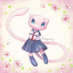 absurdres aqua_eyes clothed_pokemon commentary_request flower full_body gen_1_pokemon highres kagure_(karaguren) legendary_pokemon looking_at_viewer mew_(pokemon) mythical_pokemon neckerchief nintendo petals pink_flower pleated_skirt pokemon pokemon_(creature) red_neckerchief sailor_collar school_uniform serafuku shirt signature skirt socks solo