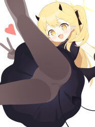 1girl absurdres black_dress black_horns black_pantyhose black_tail black_wings blonde_hair blue_archive commentary demon_girl demon_horns demon_tail demon_wings dress from_below halo heart highres horns ibuki_(blue_archive) ibuki_(dress)_(blue_archive) loli long_hair looking_at_viewer mou_banlangen official_alternate_costume open_mouth panties panties_under_pantyhose pantyhose pointy_ears revision side_ponytail simple_background smile solo tail underwear v white_background wings yellow_eyes yellow_halo