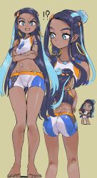 Rule 34 | 1girl, armlet, ass, black hair, blue eyes, blue hair, breasts, closed mouth, creatures (company), crop top, dark-skinned female, dark skin, earrings, game freak, hair bun, highres, hoop earrings, jewelry, long hair, looking at viewer, multicolored hair, navel, necklace, nessa (pokemon), nintendo, open mouth, pokemon, pokemon swsh, single hair bun, solo, sukoyaka tsukasa, two-tone hair