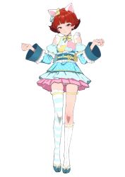 1girl :3 animal_ears asymmetrical_legwear bare_shoulders bell bell_earrings blue_dress blue_shoes blush bow bowtie cat_ears closed_mouth detached_sleeves dress earrings fake_animal_ears flipped_hair frilled_dress frills full_body hair_bow half-closed_eyes hands_up highres idolmaster idolmaster_million_live! idolmaster_million_live!_theater_days jewelry juliet_sleeves kneehighs long_sleeves looking_at_viewer mismatched_legwear nonohara_akane polka_dot polka_dot_dress puffy_sleeves red_hair sash shoes short_hair simple_background single_kneehigh single_sock single_thighhigh smile socks solo standing thighhighs two-tone_bow uneven_legwear waist_sash white_background wide_sleeves yabukara yellow_bow yellow_bowtie
