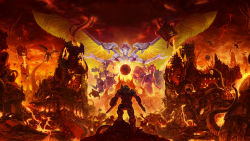 1boy 6+others absurdres angel apocalypse arachnotron arm_blade arm_cannon armor bad_anatomy bad_ass biceps brain cacodemon city cloud cloudy_sky copyright_name deag_grav deag_nilox deag_ranak demon destruction doom_(series) doom_eternal doom_hunter doomguy double-barreled_shotgun dual_wielding earth_(planet) faceoff from_behind gargoyle_(doom_eternal) gun hell hell_knight helmet highres holding imp_(doom) khan_maykr mancubus manly multiple_others official_art pain_elemental planet power_armor praetor_suit revenant_(doom) shield shotgun shoulder_cannon sky solo_focus staff tentacles textless_version weapon wings wrist_blades zombieman_(doom)