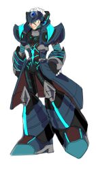 Rule 34 | 1boy, android, armor, axl (mega man), black armor, black helmet, brown hair, chest jewel, closed mouth, cowboy shot, cross scar, crossover, devil may cry (series), devil may cry 5, devil trigger, eguzerokkuman, forehead jewel, full body, green eyes, hand on own hip, helmet, highres, male focus, mega man (series), mega man x (series), scar, scar on face, simple background, smile, solo, spiked hair, standing, white hair