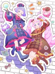 :d :o ;d ahoge aimu_(aipri) aozora_himari arm_up black_gloves blue_boots blue_dress blue_hat boots bow bow_legwear bowtie brick_wall brown_boots brown_bow brown_bowtie brown_outline dot_nose dress drill_hair facing_viewer frilled_dress frills full_body gloves hand_on_own_hip hand_up haru_(haru1bc6c4) hat high_heel_boots high_heels highres himitsu_no_aipri holding holding_magnifying_glass index_finger_raised long_hair long_sleeves looking_at_viewer looking_to_the_side magnifying_glass mamiya_chii medium_dress one_eye_closed open_mouth outline pink_bow pink_hair pink_hat plaid_clothes plaid_dress plaid_hat pretty_series purple_eyes short_hair smile star_(symbol) two-tone_hat v-shaped_eyebrows very_long_hair white_outline wide_sleeves yellow_gloves