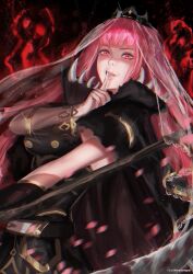 1girl absurdres artist_name black_dress blunt_bangs breasts buttons crown detached_sleeves dress highres hirosenpai holding holding_scythe hololive hololive_english looking_at_viewer mori_calliope pink_eyes pink_hair scythe smile solo speedpaint spiked_cape