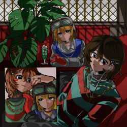 1boy 1girl absurdres aviator_cap aviator_goggles black_eyes blonde_hair brown_hair chain chain_necklace character_request commentary_request drink earphones highres hitchhiker_a_(randal&#039;s_friends) indoors jacket jewelry looking_at_viewer necklace plant randal&#039;s_friends short_hair sitting striped_clothes striped_sweater sweater yellow_eyes zakuro_(kdxd87965)