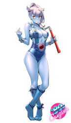1980s_(style) 1girl absurdres blue_skin breasts cleavage colored_skin earrings female_focus full_body genderswap genderswap_(mtf) grey_hair highres jewelry large_breasts leotard looking_at_viewer nunchaku oldschool one3four! panthro retro_artstyle simple_background slit_pupils solo tail thundercats weapon