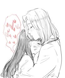 2girls blush closed_eyes comforting d.va_(overwatch) facial_mark heart hitomicchi_0 hug long_hair mercy_(overwatch) monochrome multiple_girls overwatch overwatch_1 short_hair sweat sweatdrop white_background yuri
