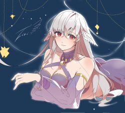 Rule 34 | 1girl, blue background, breasts, cleavage, closed mouth, commentary, datenshi no fu, detached sleeves, expressionless, grey hair, hair between eyes, head wings, highres, large breasts, long hair, looking at viewer, lunar danseuse (ragnarok masters), lying, on stomach, orange eyes, purple skirt, purple sleeves, ragnarok masters, ragnarok online, skirt, solo, star (symbol), symbol-only commentary, upper body, white wings, wings