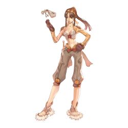 1girl 2000s_(style) bandana boots bow bow_bra bra breasts brown_boots brown_eyes brown_gloves brown_hair brown_headwear brown_jacket cleavage contrapposto full_body fur-trimmed_boots fur_trim gloves grey_shorts hand_on_own_hip high_ponytail highres jacket long_hair long_sleeves looking_to_the_side midriff money_bag myung-jin_lee navel official_art open_mouth ponytail ragnarok_online red_bow shorts shrug_(clothing) simple_background small_breasts solo standing tachi-e thief_(ragnarok_online) transparent_background underwear v-shaped_eyebrows white_bra