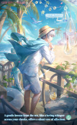 1boy artist_request bird black_sandals blue_jacket bracelet brown_hat card_(medium) ceiling_light character_name closed_mouth commentary copyright_name day english_commentary english_text floating_clothes full_body grey_eyes grey_hair grey_shorts hand_on_railing happy hat helz_(shining_nikki) highres jacket jacket_on_shoulders jewelry light_particles light_rays light_smile logo long_sleeves looking_ahead male_focus mole nikki_(series) ocean official_art outdoors palm_tree petals sandals seagull second-party_source shining_nikki shirt short_hair shorts solo star_(symbol) string_of_light_bulbs summer tree white_innertube white_shirt wind