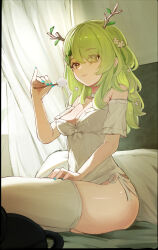 1girl :3 absurdres alternate_costume antlers aqua_nails bare_shoulders bottomless braid braided_bangs breasts ceres_fauna choker cleavage closed_mouth commentary cotton_swab curtains detached_sleeves flower frilled_shirt frilled_sleeves frills gradient_hair green_hair hair_flower hair_ornament hair_over_one_eye hair_rings hand_on_own_leg hand_up highres holding_cotton_swab hololive hololive_english horns indoors long_hair looking_at_viewer medium_breasts mimikaki mole mole_under_eye multicolored_hair nail_polish on_bed one_side_up pillow pinky_out psypolo_d shirt short_sleeves side-tie_shirt single_hair_ring sitting sleeveless sleeveless_shirt solo strapless strapless_shirt thighhighs virtual_youtuber white_choker white_shirt white_thighhighs yellow_eyes