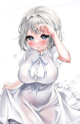 Rule 34 | 1girl, aamesawaa, absurdres, blue eyes, blue ribbon, blush, breasts, commentary, dress, fingernails, gakuen idolmaster, grey hair, highres, idolmaster, katsuragi lilja, large breasts, looking at viewer, neck ribbon, ribbon, short hair, short sleeves, simple background, sweat, wet, wet clothes, white background, white dress
