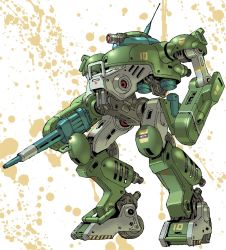 arm_cannon for_the_barrel funbolt mecha no_humans one-eyed paint_splatter parody radio_antenna red_eyes robot science_fiction scopedog solo soukou_kihei_votoms style_parody thrusters weapon wheel white_background