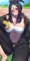 Rule 34 | 1girl, absurdres, barefoot, black hair, breasts, brown eyes, cleavage, dendra (pokemon), female focus, fingerless gloves, gloves, haska (user gure4787), highres, holding, holding poke ball, jacket, large breasts, looking at viewer, navel, nintendo, open clothes, open jacket, outdoors, parted lips, poke ball, poke ball (basic), pokemon, pokemon sv, solo, teeth, yellow gloves