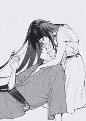 1boy 1girl arm_support couple dress gegege_no_kitarou greyscale hand_up kissing_head hetero hituji89tarou index_finger_raised iwako_(gegege_no_kitarou) japanese_clothes kimono kiss kitarou_tanjou:_gegege_no_nazo kneeling leaning_back leaning_on_person long_hair long_sleeves medama_oyaji medama_oyaji_(human) monochrome obi playing_with_another&#039;s_hair profile sash short_hair short_sleeves sitting very_long_hair