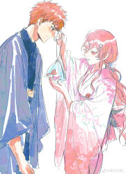 1girl absurdres artist_self-insert bag bagged_fish blue_kimono blush bow breasts couple dress emiya_shirou fate/stay_night fate_(series) festival fish floral_print floral_print_kimono gaoyue_jixiang hair_ornament highres japanese_clothes kimono long_hair long_sleeves momomiya_shizuku_(gaoyue_jixiang) non-web_source obi oc_x_canon original pink_kimono print_kimono sash short_kimono smile tasuki yukata