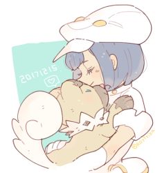 1girl 2017 aether_foundation_employee aether_foundation_employee_(female) aether_foundation_uniform blue_hair cabbie_hat closed_eyes closed_mouth creatures_(company) dark-skinned_female dark_blue_hair dark_skin dated elbow_gloves game_freak gen_7_pokemon gloves hat hug katiko lowres nintendo pokemon pokemon_(creature) pokemon_sm rockruff short_hair short_sleeves smile twitter_username white_gloves white_headwear