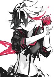 1girl black_eyes black_hair black_sailor_collar black_skirt blending breasts crop_top gloves highres jiu_ye_sang kill_la_kill matoi_ryuuko multicolored_hair navel red_hair sailor_collar school_uniform serafuku shadow short_hair skirt smile solo streaked_hair suspenders thighhighs two-tone_hair white_background