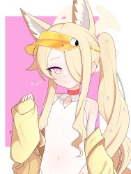 1girl above_cleavage_cutout absurdres animal_ear_fluff animal_ears bare_shoulders blonde_hair blue_archive blush border choker closed_mouth commentary covered_collarbone covered_navel cross_halo diamond_cutout ear_wreath extra_ears flat_chest forehead fox_ears fox_girl gajinamul01 gradient_eyes hair_ornament hair_over_one_eye halo heart highleg highleg_one-piece_swimsuit highres jacket long_hair long_sleeves looking_at_viewer multicolored_eyes off_shoulder official_alternate_costume official_alternate_hairstyle one-piece_swimsuit open_clothes open_jacket pink_eyes purple_background purple_eyes seia_(blue_archive) seia_(swimsuit)_(blue_archive) side_ponytail signature smile solo sunglasses swimsuit tinted_eyewear upper_body very_long_hair visor_cap white_border white_one-piece_swimsuit yellow_halo yellow_jacket yellow_visor