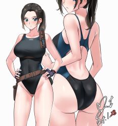 1girl ass ass_focus bare_arms bare_shoulders belt black_gloves black_one-piece_swimsuit blue_eyes blue_one-piece_swimsuit blush breasts brown_belt brown_hair claire_redfield commentary_request commission competition_swimsuit covered_navel cowboy_shot dated fingerless_gloves gloves gluteal_fold hands_on_own_hips head_out_of_frame highleg highleg_one-piece_swimsuit highres holster holstered knife knife_sheath large_breasts looking_at_viewer multiple_views one-piece_swimsuit parted_lips pixiv_commission ponytail resident_evil resident_evil_2 sheath shoulder_holster sidelocks signature simple_background standing swimsuit teeth thigh_gap two-tone_swimsuit white_background yoo_tenchi