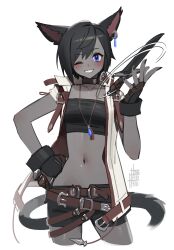 1girl ;) absurdres animal_ear_piercing animal_ears bare_arms belt black_hair black_shorts black_tube_top blue_eyes blush breasts brown_belt brown_collar brown_gloves cat_ears cat_girl cat_tail collar collarbone colored_skin commentary cowboy_shot cropped_legs earrings english_commentary final_fantasy final_fantasy_xiv fingerless_gloves gloves grey_skin grin hand_on_own_hip highres jacket jewelry knife looking_at_viewer midd_night midriff navel one_eye_closed open_clothes open_jacket original pendant revision short_hair short_shorts shorts single_earring sleeveless sleeveless_jacket small_breasts smile solo spinning_weapon straight-on strapless tail tostantan tube_top white_jacket