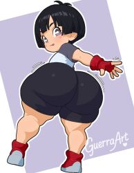 1girl :p ass ass_focus bike_shorts blush_stickers bowl_cut dragon_ball dragon_ball_super female_focus fingerless_gloves gloves guerraart huge_ass kyojiri_loli loli looking_at_viewer looking_back pan_(dragon_ball) shoes tongue tongue_out