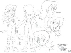 1girl aged_down character_name hand_on_own_hip japanese_text jenny_(pokemon) marble_(pokemon) official_art pokemon pokemon_(anime) pokemon_dp059 pokemon_dppt_(anime) reference_sheet shoes smile spandex striped_clothes striped_thighhighs thighhighs