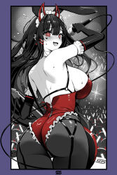 1girl @_@ absurdres akuma_nihmune akuma_nihmune_(bunny_style) ass blush breasts clickdraws crowd ear_blush earrings facial_mark gamer_supps glowstick guitar heart heart_facial_mark highres holding holding_guitar holding_instrument holding_microphone horns indie_virtual_youtuber instrument jewelry large_breasts leotard long_hair maid_headdress median_furrow microphone noomba_(akuma_nihmune) o-ring open_mouth pantyhose penlight_(glowstick) red_eyes red_leotard spot_color sweat virtual_youtuber zipper